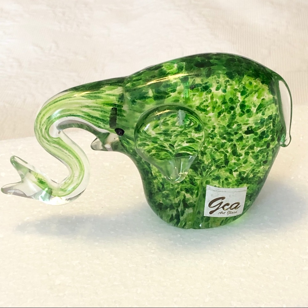 Hand blown GCA art glass green elephant